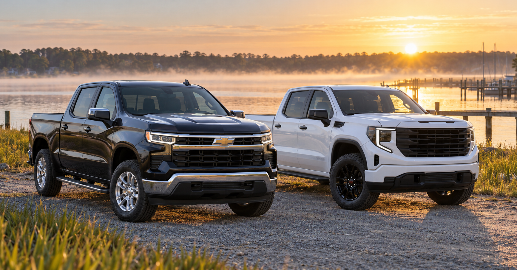 GMC Sierra and Chevy Silverado at sunrise